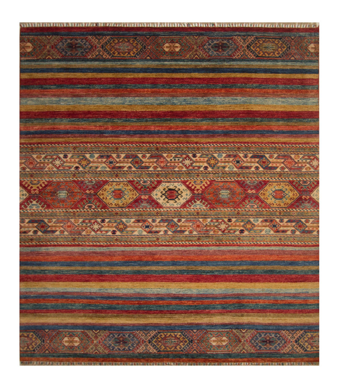 SOLD 7x7 Red Muticolor Square Tribal Afghan Hand knotted Striped Rug - Yildiz Rugs