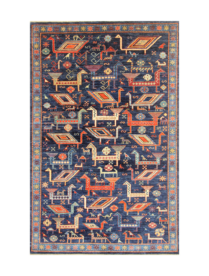 6x9 Navy Blue Tribal Gabbeh Afghan Hand knotted Animal Rug
