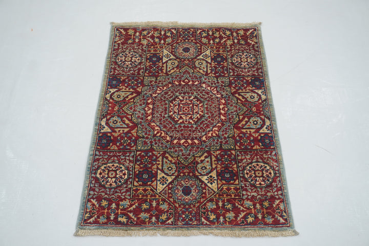 2x3 Red Blue Turkish Mamluk Hand knotted Medallion Accent Rug