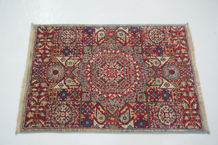 2x3 Red Blue Turkish Mamluk Hand knotted Medallion Accent Rug