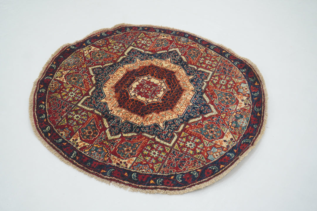 3x3 Small Red Blue Mamluk Turkish Hand knotted Medallion Circle Rug