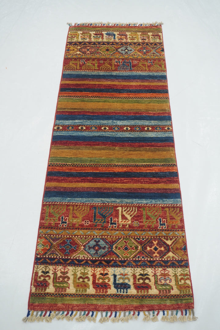6 ft Blue Tribal Multicolor Afghan hand knotted Striped Runner Rug - Yildiz Rugs