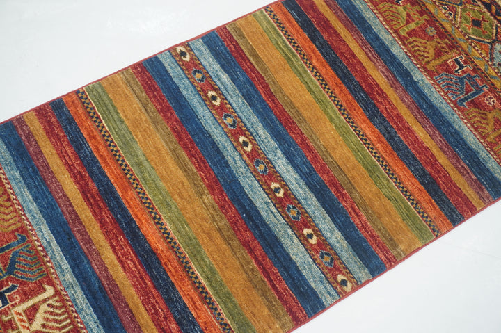 6 ft Blue Tribal Multicolor Afghan hand knotted Striped Runner Rug - Yildiz Rugs
