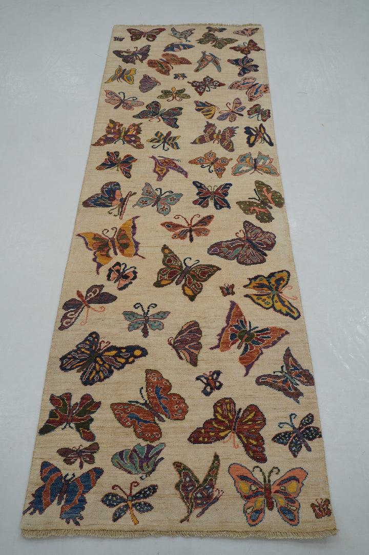 8 ft Beige Butterfly Afghan Hand knotted Runner Rug
