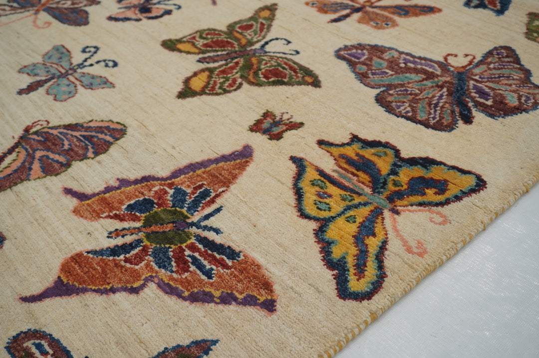 8 ft Beige Butterfly Afghan Hand knotted Runner Rug