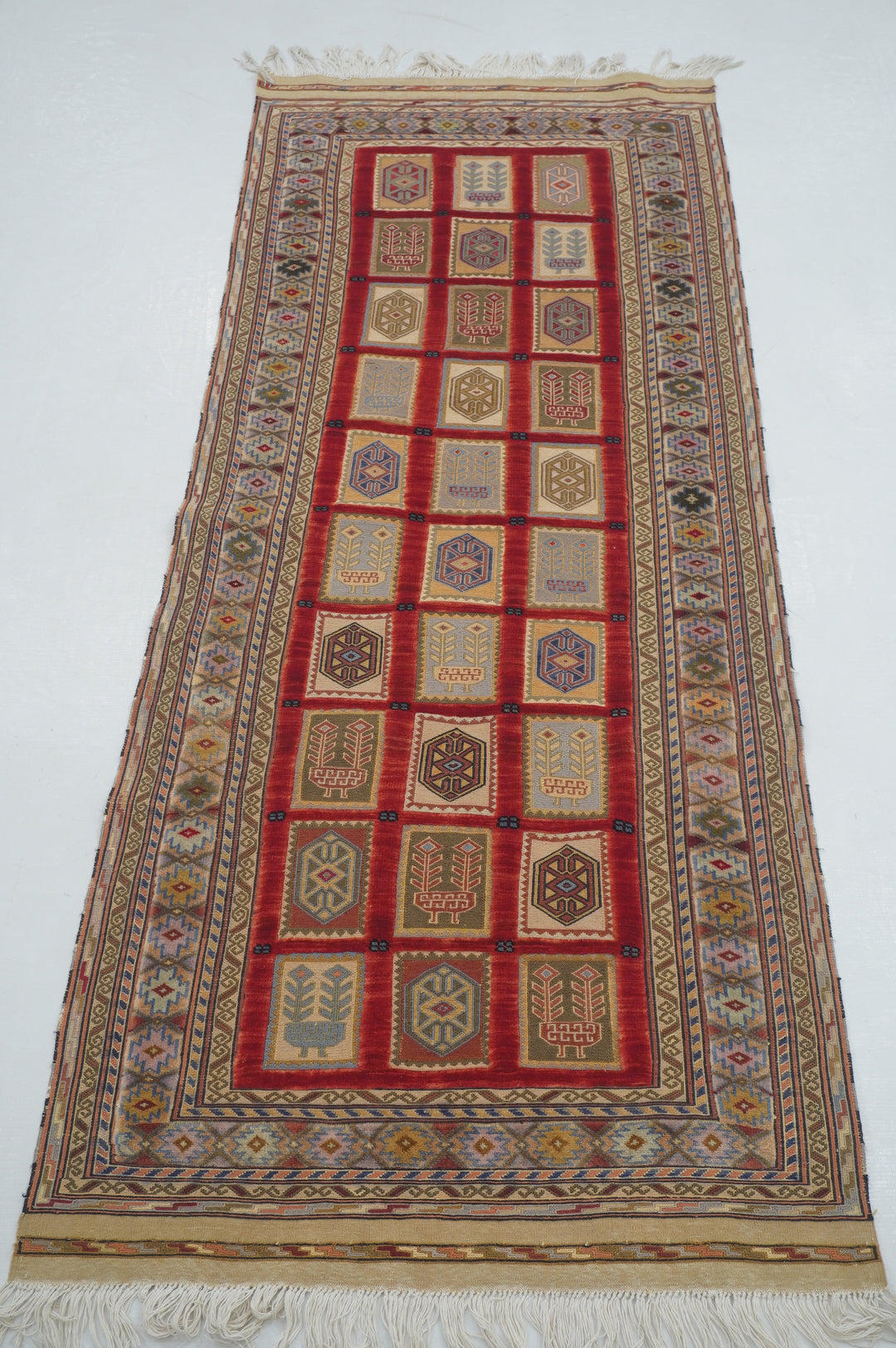 6 ft Red Vintage Afghan High Low Hand Knotted / Woven Barjesta Kilim Runner Rug - Yildiz Rugs