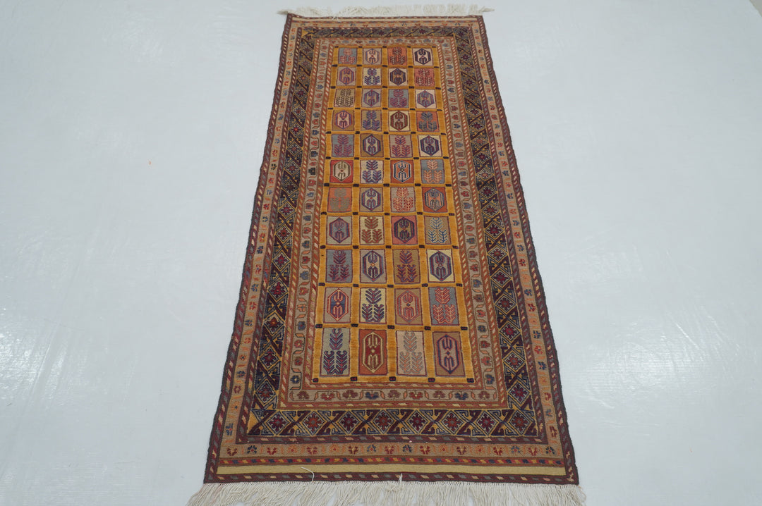 6 ft Gold Vintage Afghan High Low Hand Knotted / Woven Barjesta Kilim Runner Rug - Yildiz Rugs