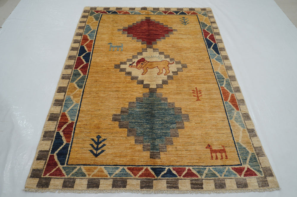 5x7 Gold Gabbeh Afghan Hand knotted Rug - Yildiz Rugs