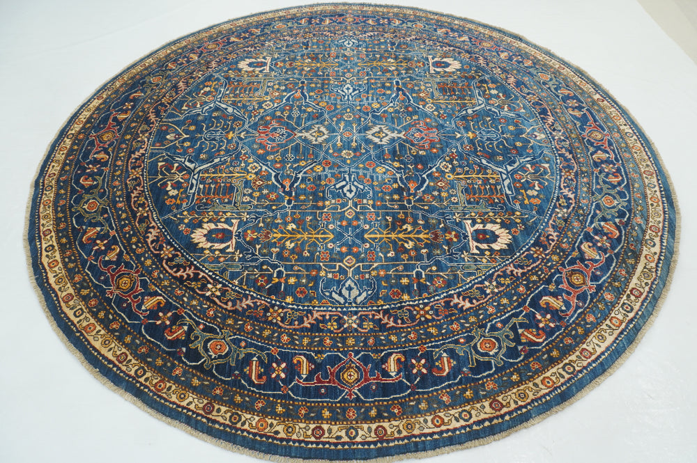 9x9 Blue Bidjar Round Afghan Hand knotted Large Circle Rug - Yildiz Rugs