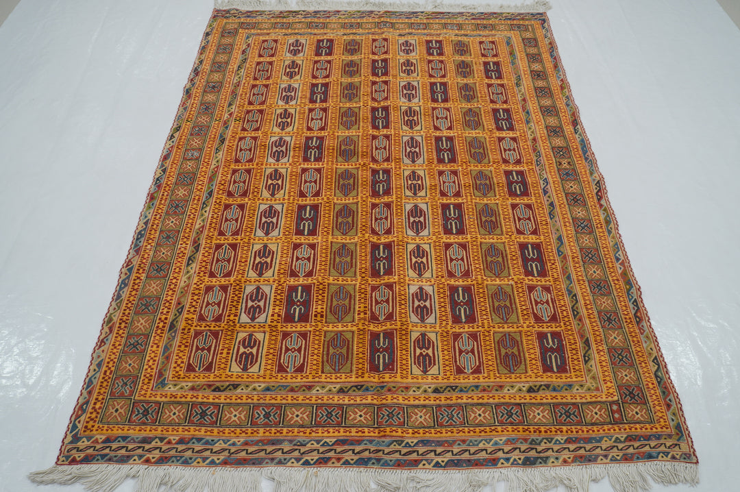 5x7 Vintage Barjesta Kilim Gold Afghan High Low Hand Knotted / Woven Rug - Yildiz Rugs