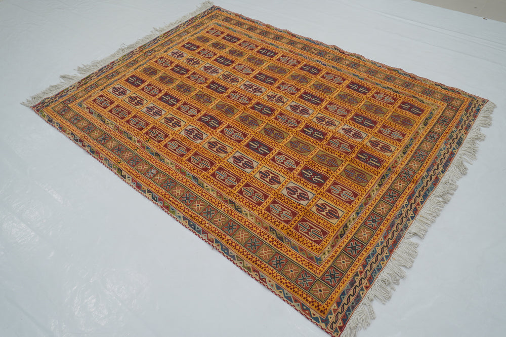 5x7 Vintage Barjesta Kilim Gold Afghan High Low Hand Knotted / Woven Rug - Yildiz Rugs
