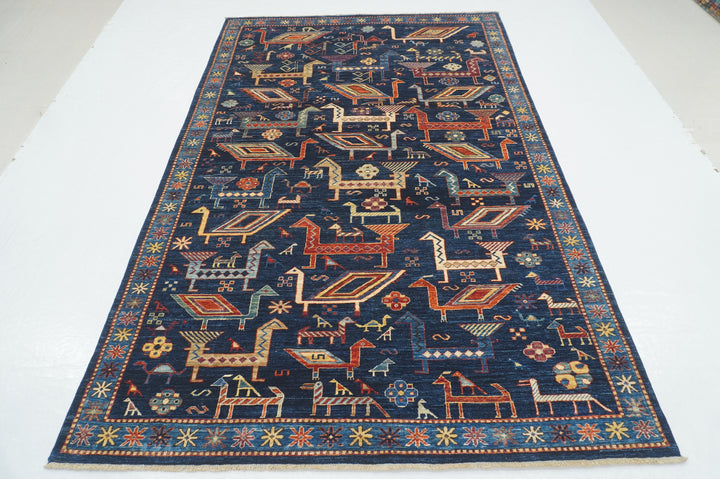 6x9 Navy Blue Tribal Gabbeh Afghan Hand knotted Animal Rug
