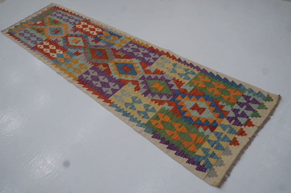 10 ft Multicolor Afghan woven Wool  Kilim Runner Rug - Yildiz Rugs