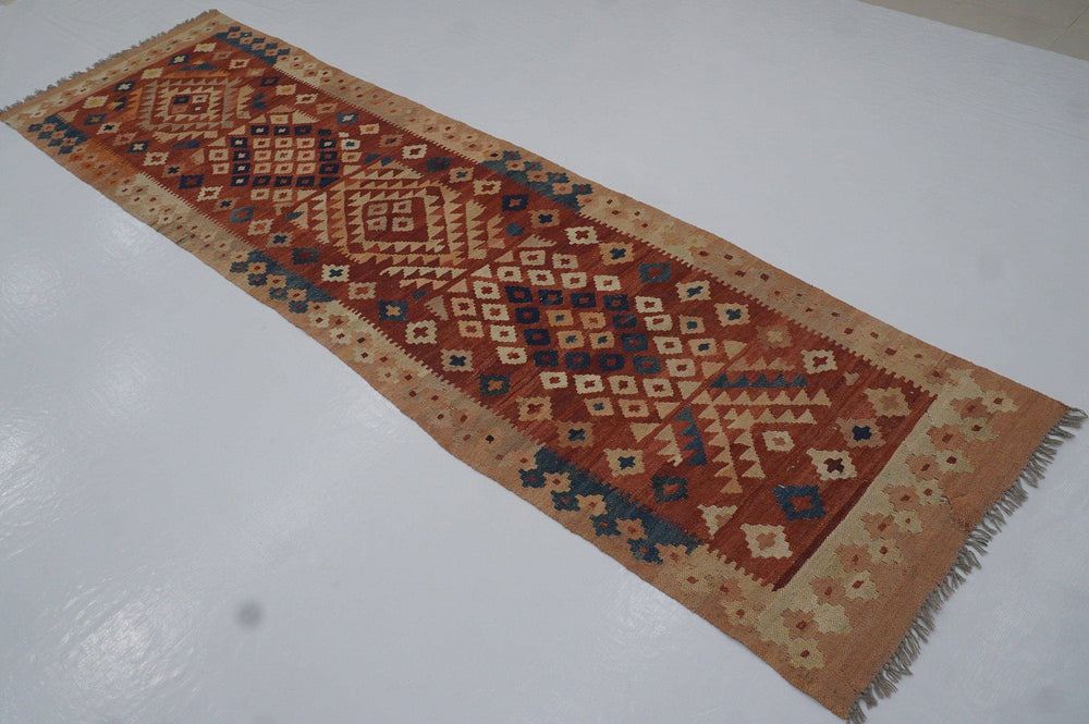 10 ft Vintage Rusty Red Afghan woven Wool Kilim Runner Rug - Yildiz Rugs