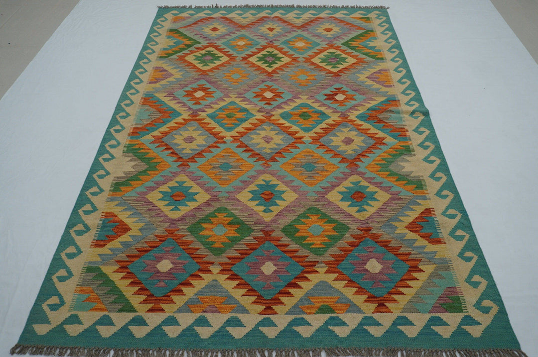 6x8 Afghan Kilim Gray Blue Geometric Handmade Wool Rug - Yildiz Rugs