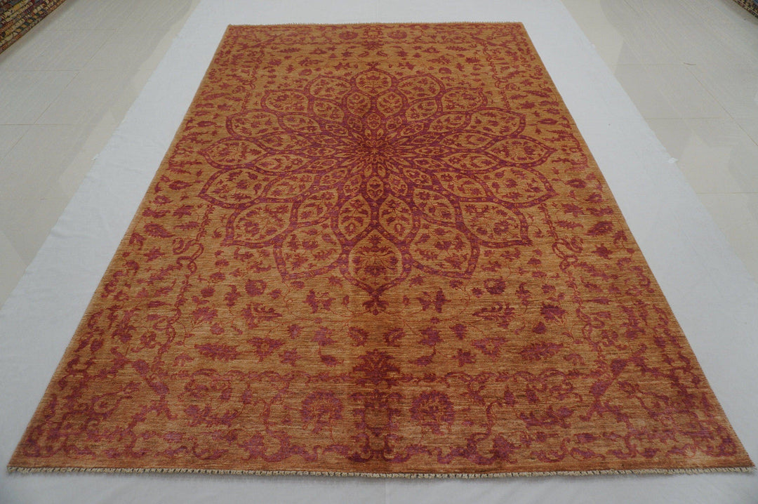 7x10 ft Brown Pink Floral Medallion Afghan Hand Knotted Wool Area Rug - Yildiz Rugs