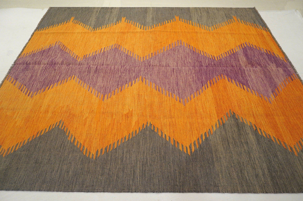 8x10 Abstract kilim Orange Gray Purple Afghan hand woven Boho Rug - Yildiz Rugs