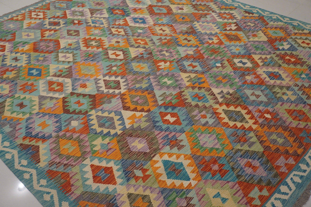 8x10 Afghan Blue Geometric Handmade Wool Kilim Rug - Yildiz Rugs