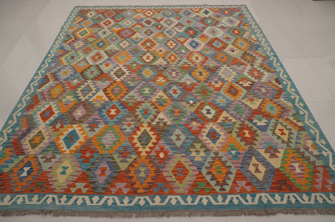 8x10 Afghan Blue Geometric Handmade Wool Kilim Rug - Yildiz Rugs
