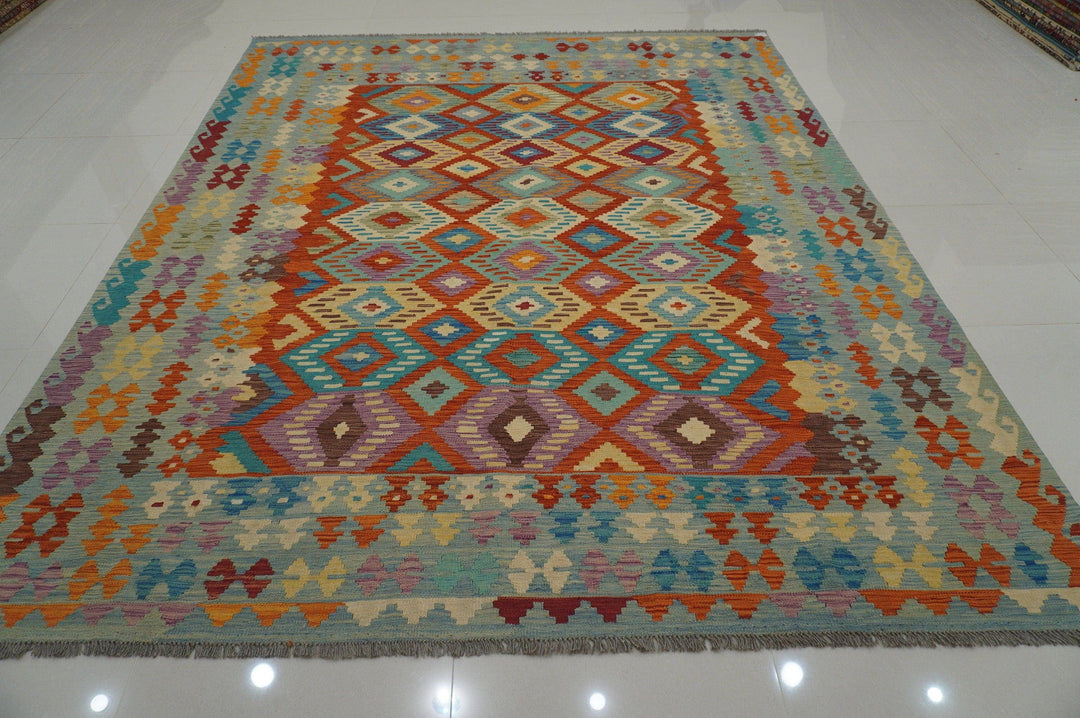8x10 Afghan Rusty Red Blue Geometric Handmade Wool Kilim rug - Yildiz Rugs