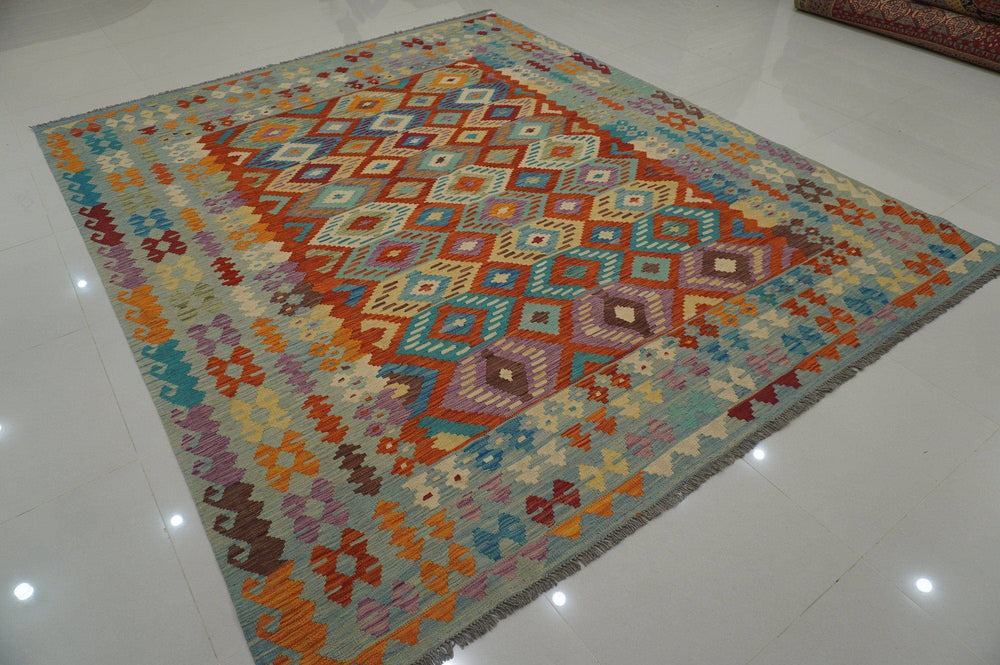 8x10 Afghan Rusty Red Blue Geometric Handmade Wool Kilim rug - Yildiz Rugs