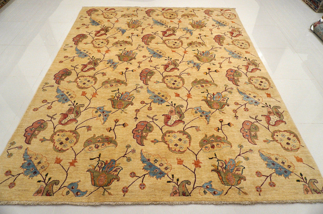 8x10 Gabbeh Vintage Beige Floral Afghan Handmade wool rug - Yildiz Rugs