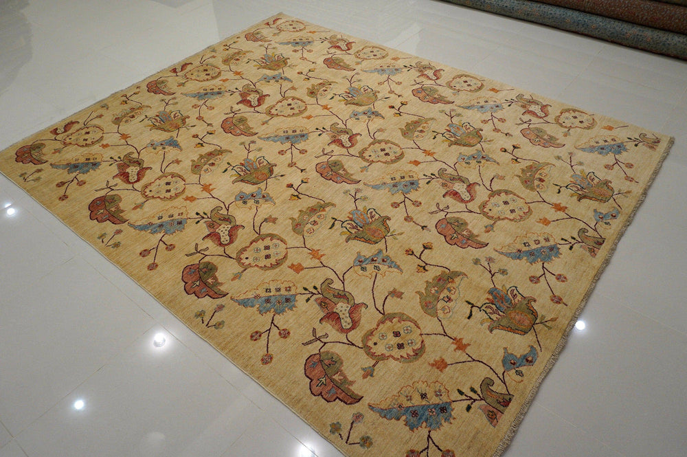 8x10 Gabbeh Vintage Beige Floral Afghan Handmade wool rug - Yildiz Rugs