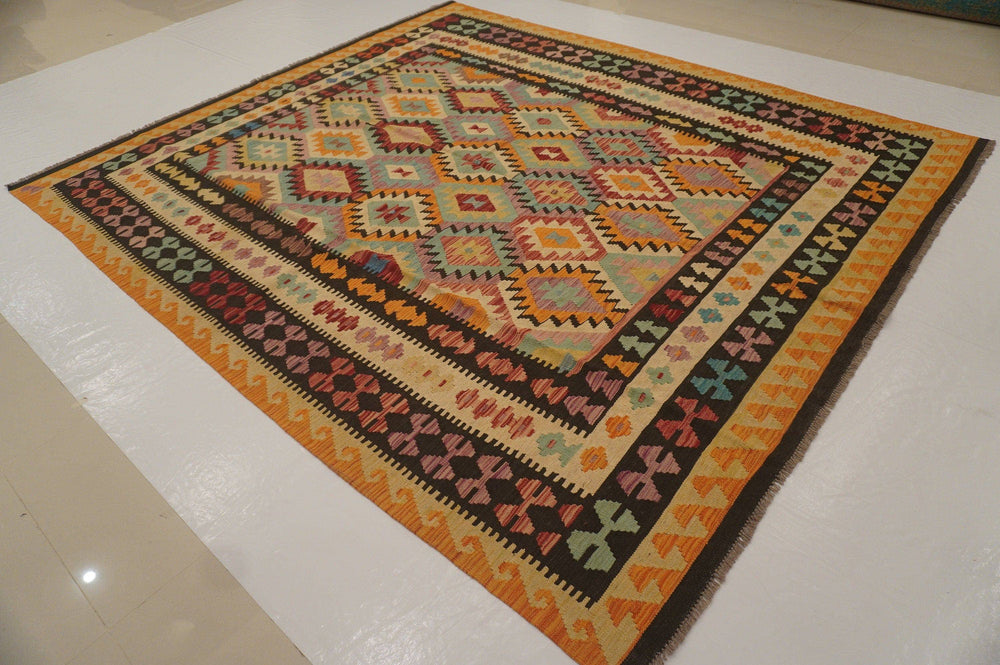 8x10 Orange Black Afghan Hand woven Flat weave Wool Kilim Area Rug - Yildiz Rugs