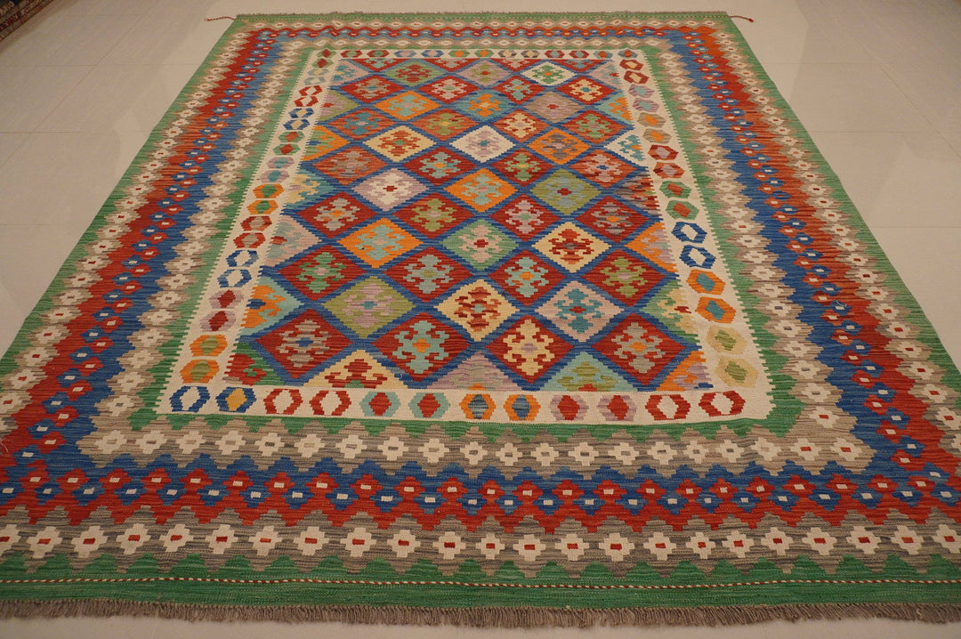 sold 8x10 Afghan Red Blue Green Geometric Handmade Wool Kilim Rug - Yildiz Rugs