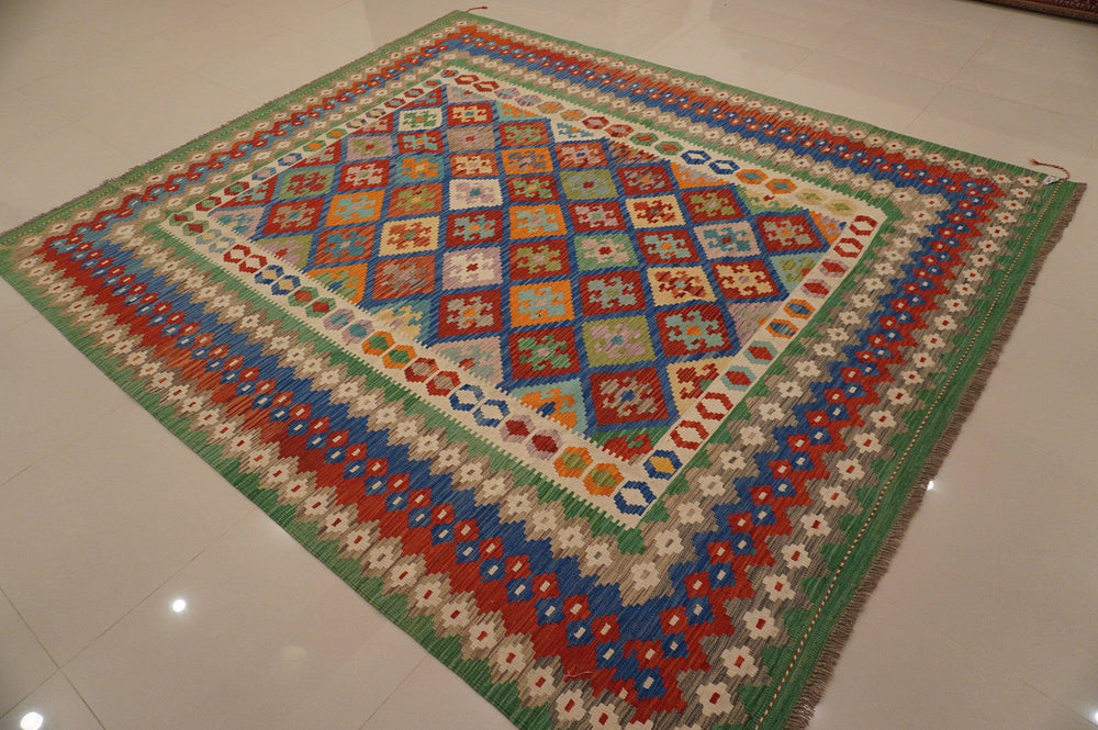 sold 8x10 Afghan Red Blue Green Geometric Handmade Wool Kilim Rug - Yildiz Rugs