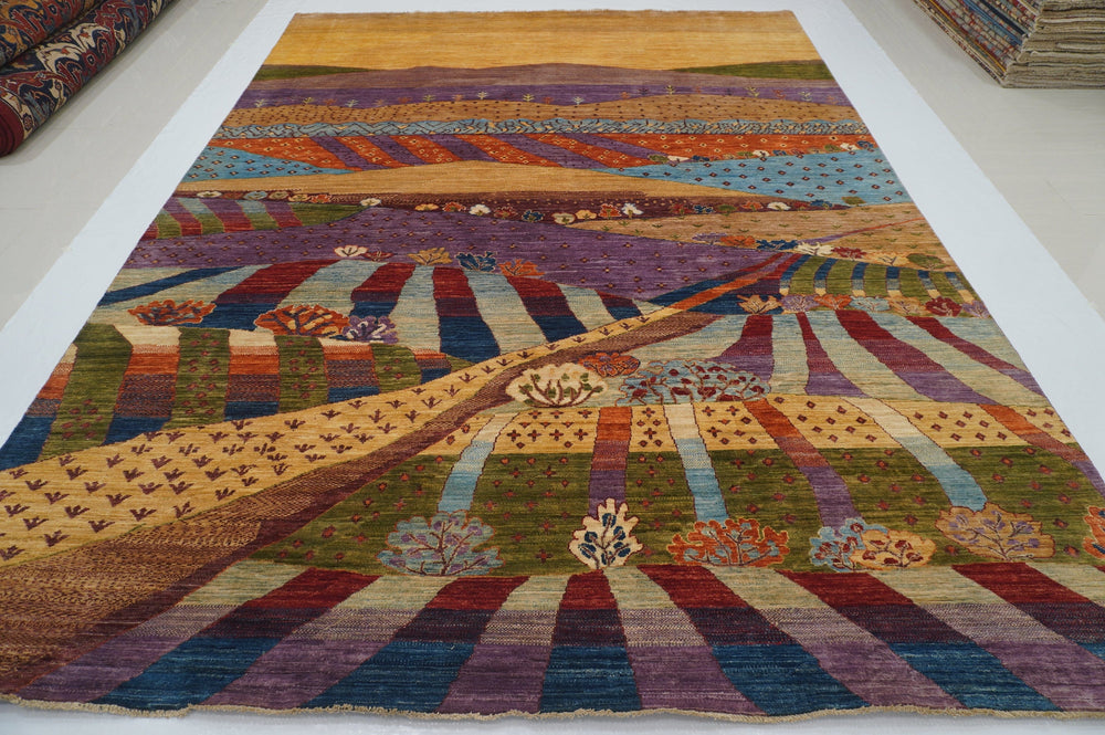 9x12 Gabbeh Gold Purple Hazy landscape Hand knotted Organic Dyes Rug - Yildiz Rugs