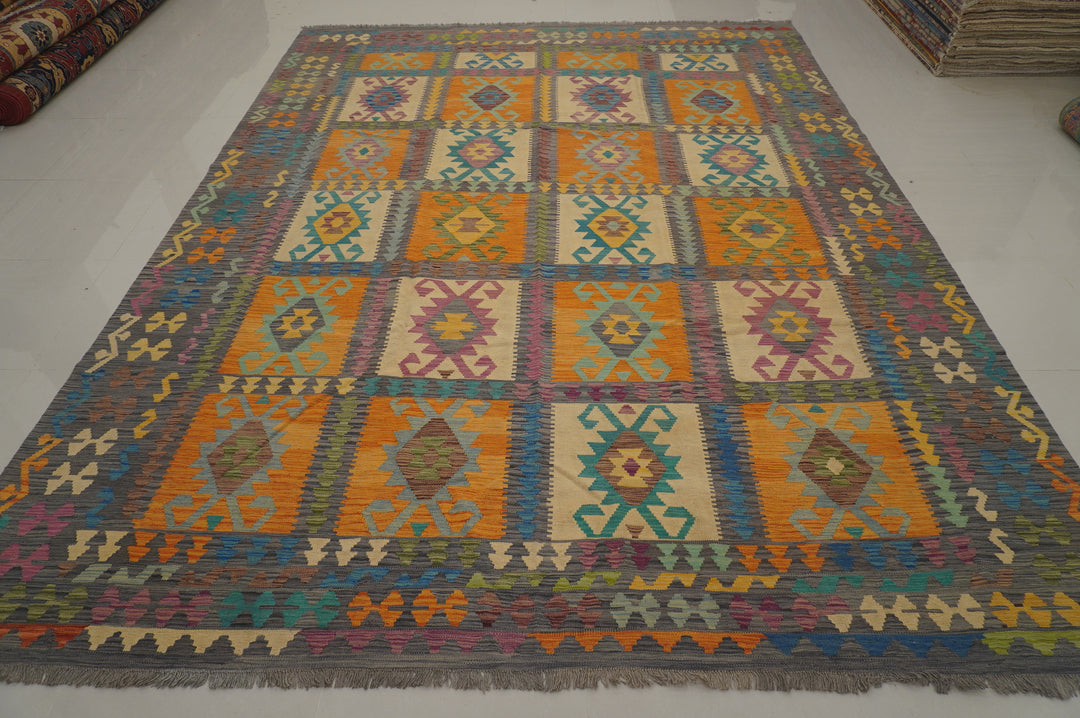 10x13 Afghan  Gray Orange Handmade Wool Kilim Area Rug - Yildiz Rugs