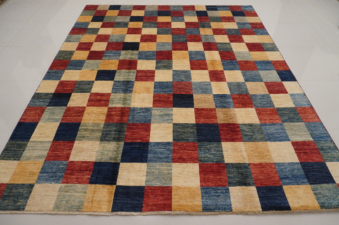 8x10 Checkered Box Gabbeh Multicolor Afghan Hand knotted wool rug - Yildiz Rugs