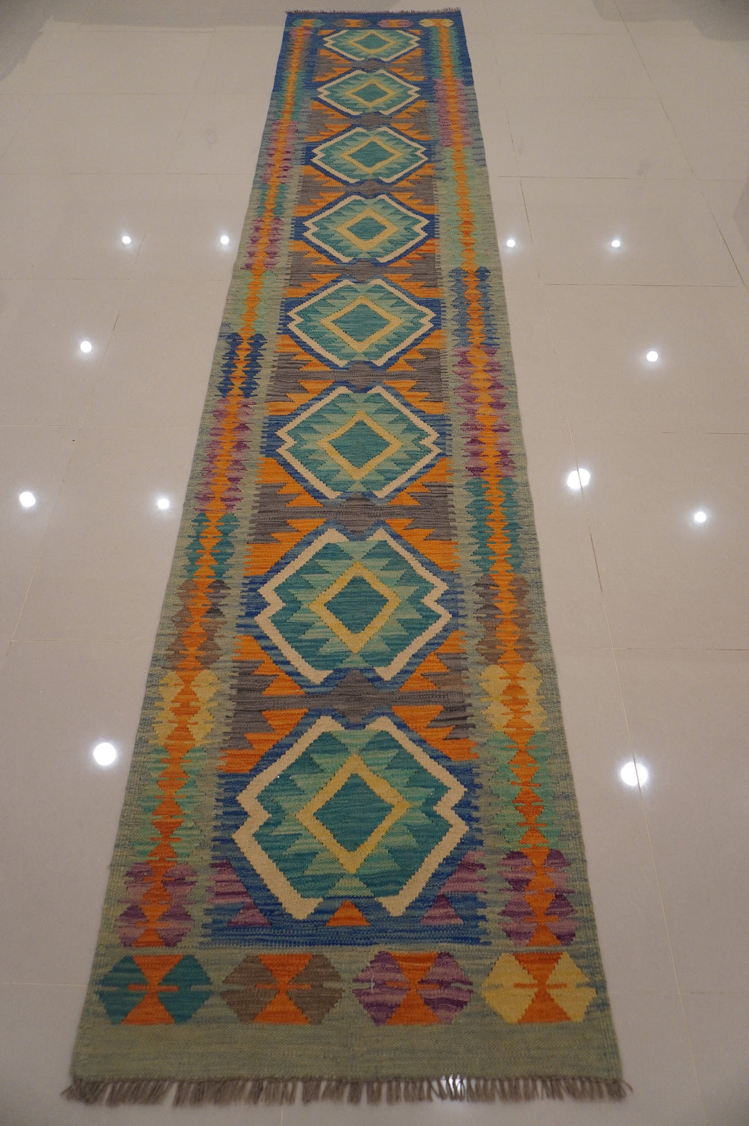 13 Feet Kilim Blue Handmade Flat weave Runner Rug - Yildiz Rugs