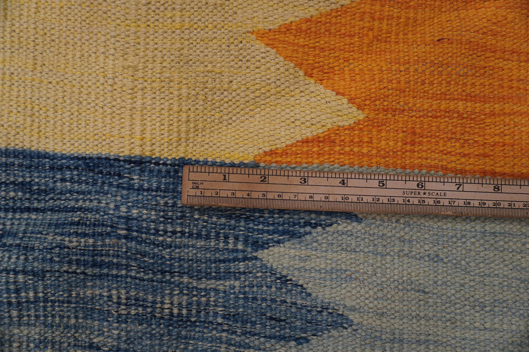 7x10 Afghan Kilim Gray Blue Orange handmade abstract Rug - Yildiz Rugs