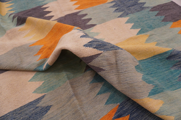 7x10 Afghan Kilim Gray Blue Orange handmade abstract Rug - Yildiz Rugs