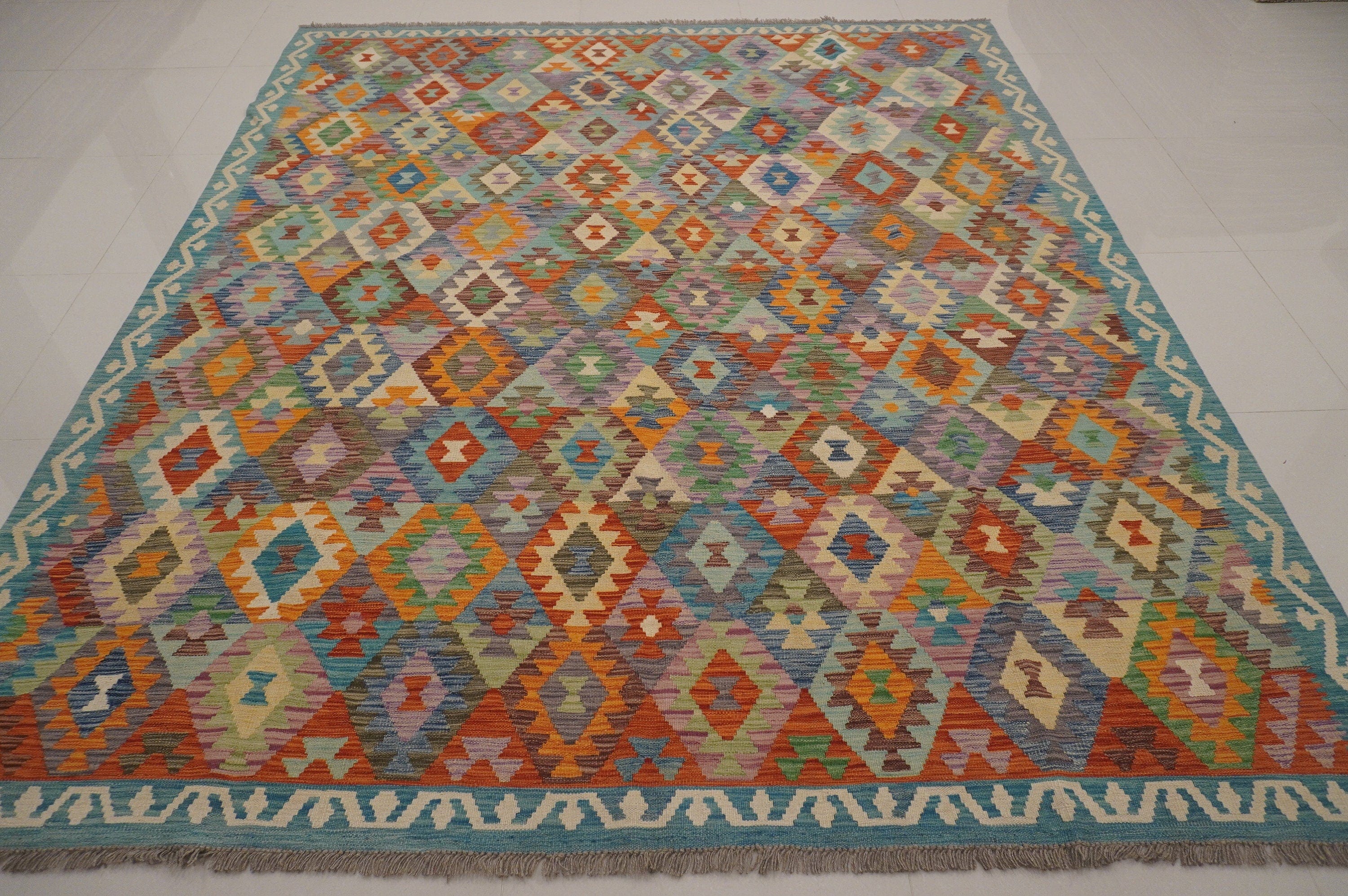 8x10 Afghan Blue Geometric Handmade Wool Kilim Rug Yildiz Rugs