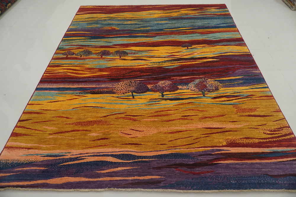 8x10 Gabbeh Gold Red Blue Hazy Landscape Hand knotted Area Rug - Yildiz Rugs
