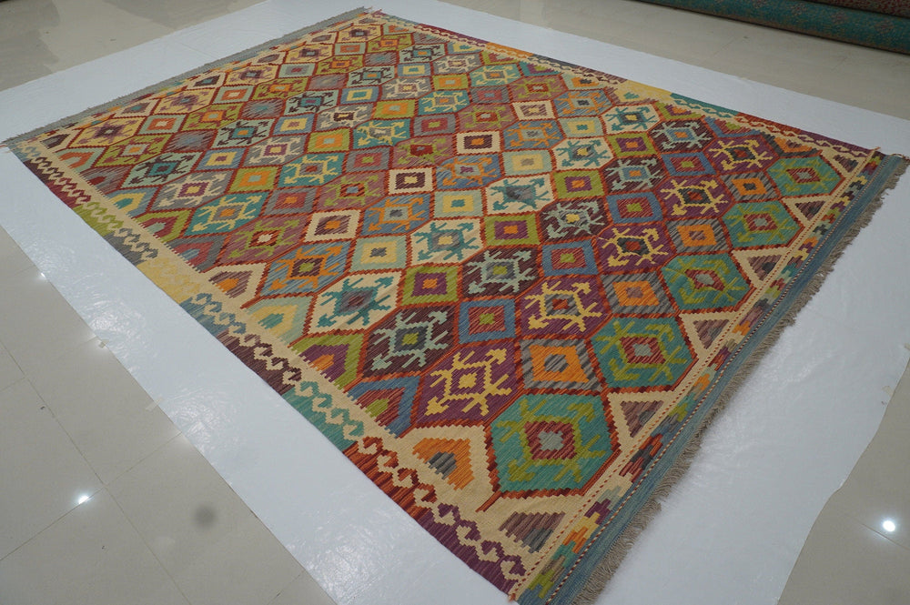9x12 Multicolor Bohemian Afghan Hand woven Wool Kilim Area Rug - Yildiz Rugs