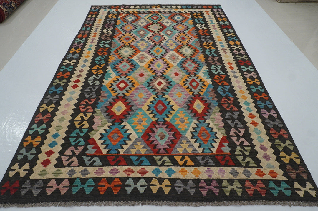 7x10 Black Afghan Hand woven Flat weave Wool Kilim Area Rug - Yildiz Rugs