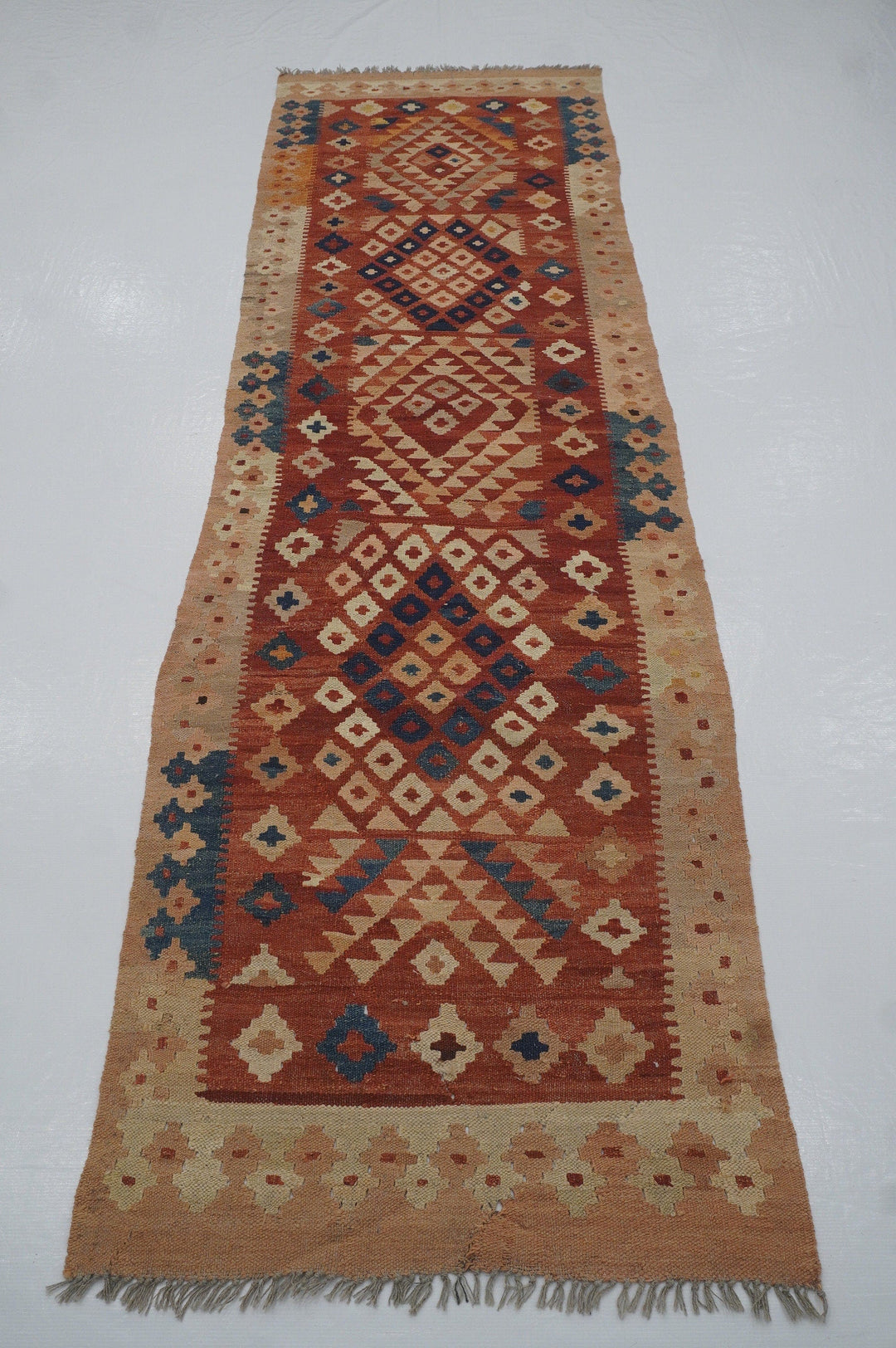 10 ft Vintage Rusty Red Afghan woven Wool Kilim Runner Rug - Yildiz Rugs