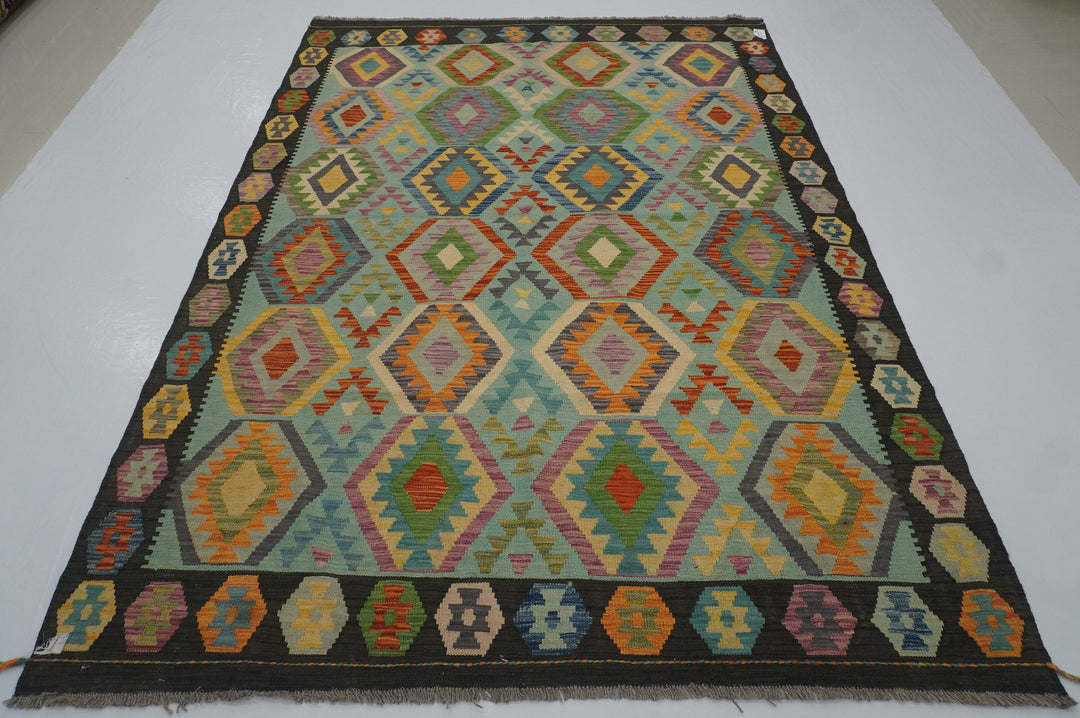 6x8 Blue Kilim Bohemian Afghan Hand woven Flat weave Rug - Yildiz Rugs