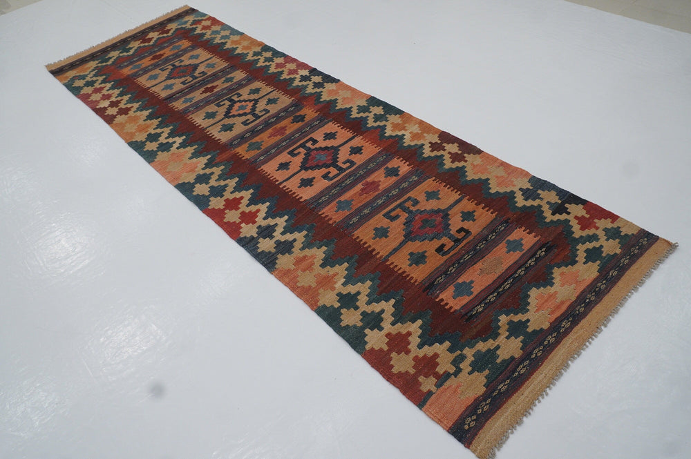10 ft Vintage Deep Red Afghan woven Wool Kilim Runner Rug - Yildiz Rugs