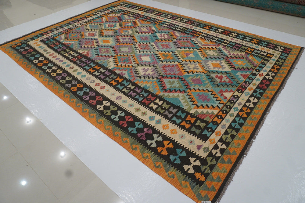 9x12 Black Orange Afghan Hand woven Wool Kilim Area Rug - Yildiz Rugs