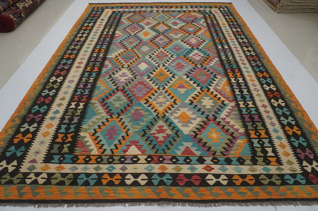 9x12 Black Orange Afghan Hand woven Wool Kilim Area Rug - Yildiz Rugs