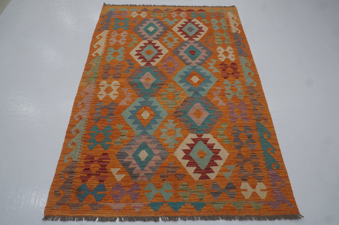 4x6 Orange Bohemian Afghan Hand woven Wool Kilim Area Rug - Yildiz Rugs