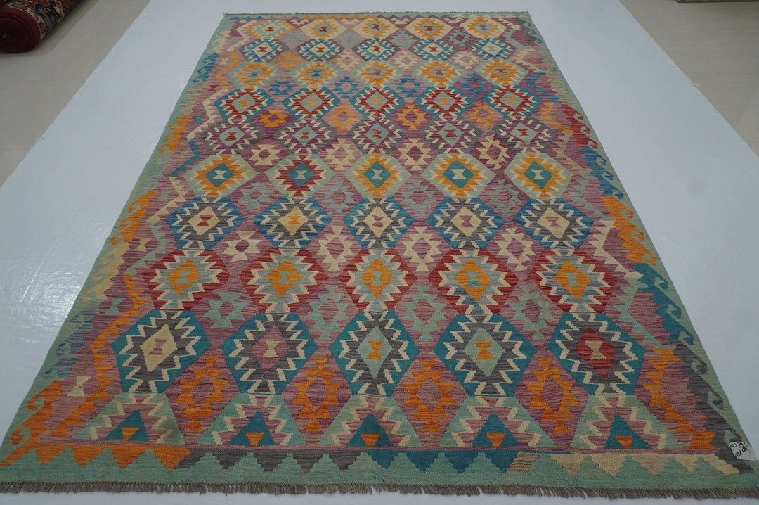 7x10 Purple Bohemian Afghan Hand woven Wool Kilim Area Rug - Yildiz Rugs