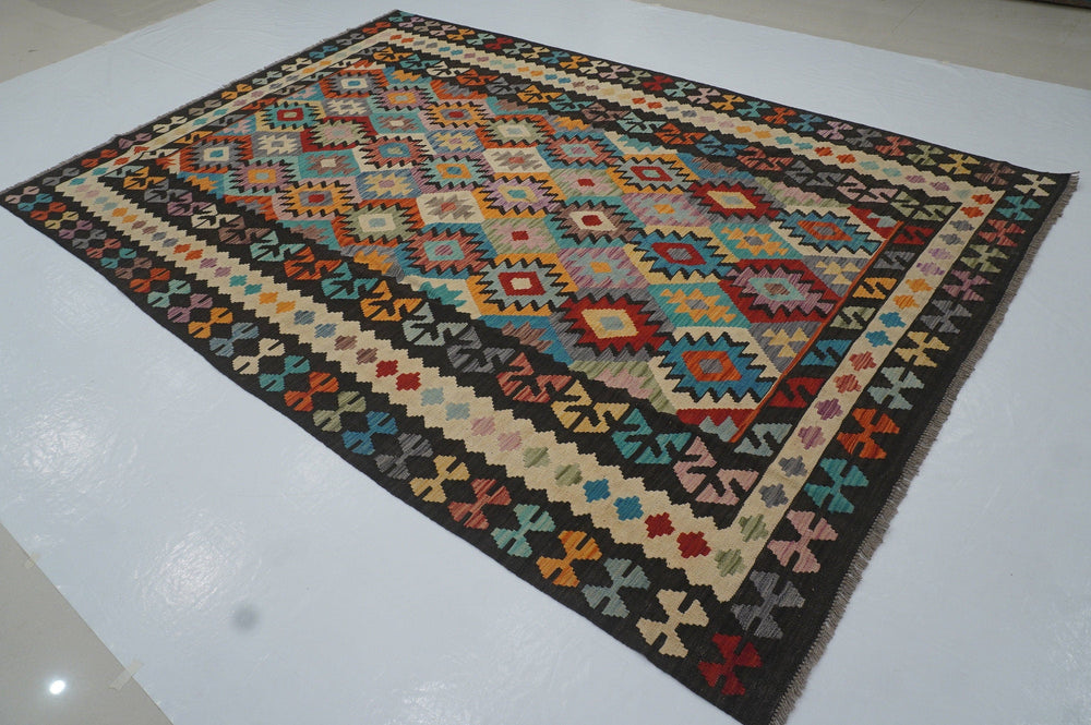 7x10 Black Afghan Hand woven Flat weave Wool Kilim Area Rug - Yildiz Rugs
