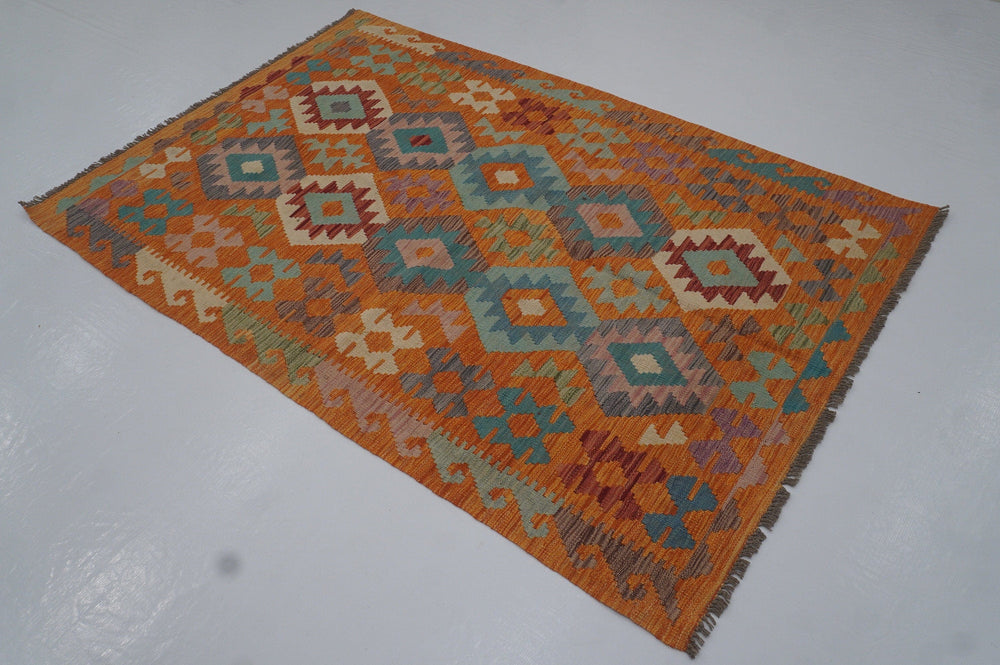 4x6 Orange Bohemian Afghan Hand woven Wool Kilim Area Rug - Yildiz Rugs