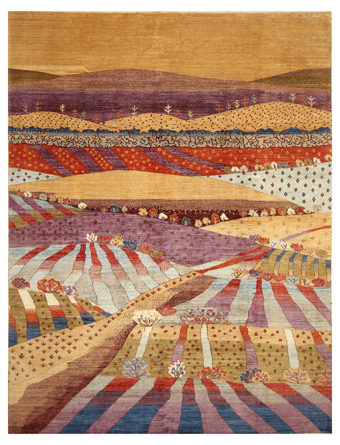 9x12 Gabbeh Gold Purple Hazy landscape Afghan Hand knotted Area Rug - Yildiz Rugs